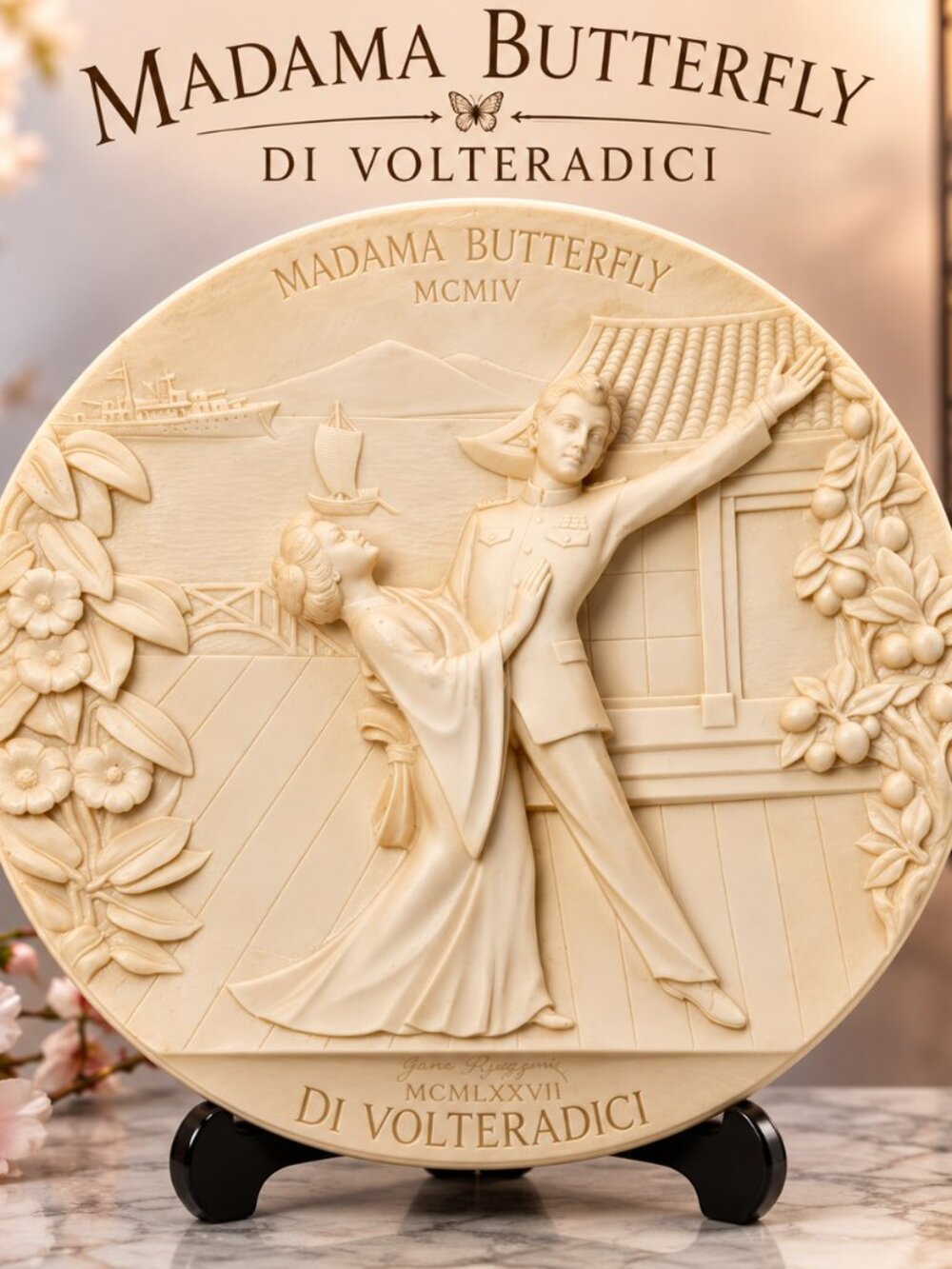 Gino Ruggeri Madama Butterfly Di Volteradici Alabaster Relief Wall Plaque Italy
